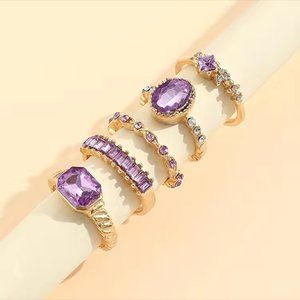5 Piece Set of Rings Purple Zircon Stones